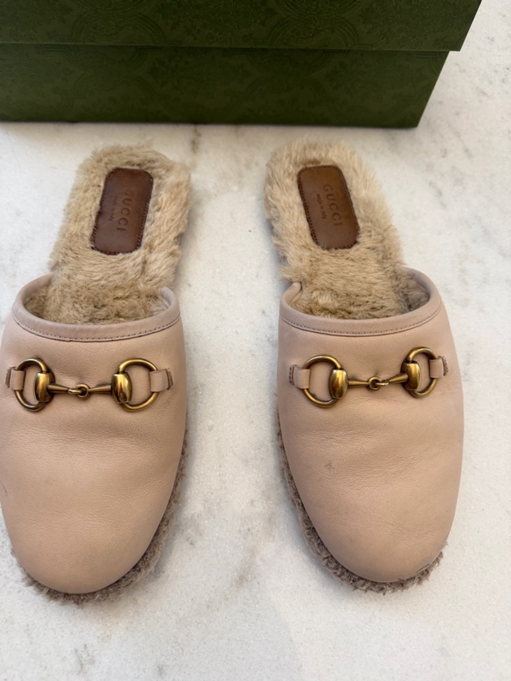 Gucci Beige Leather Fur-Lined Horsebit Mules - Picture 10 of 10